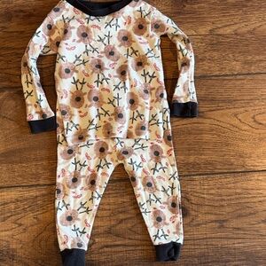 Cozy Floral Kids Footed Pajama Set - Cream with Brown Flowers